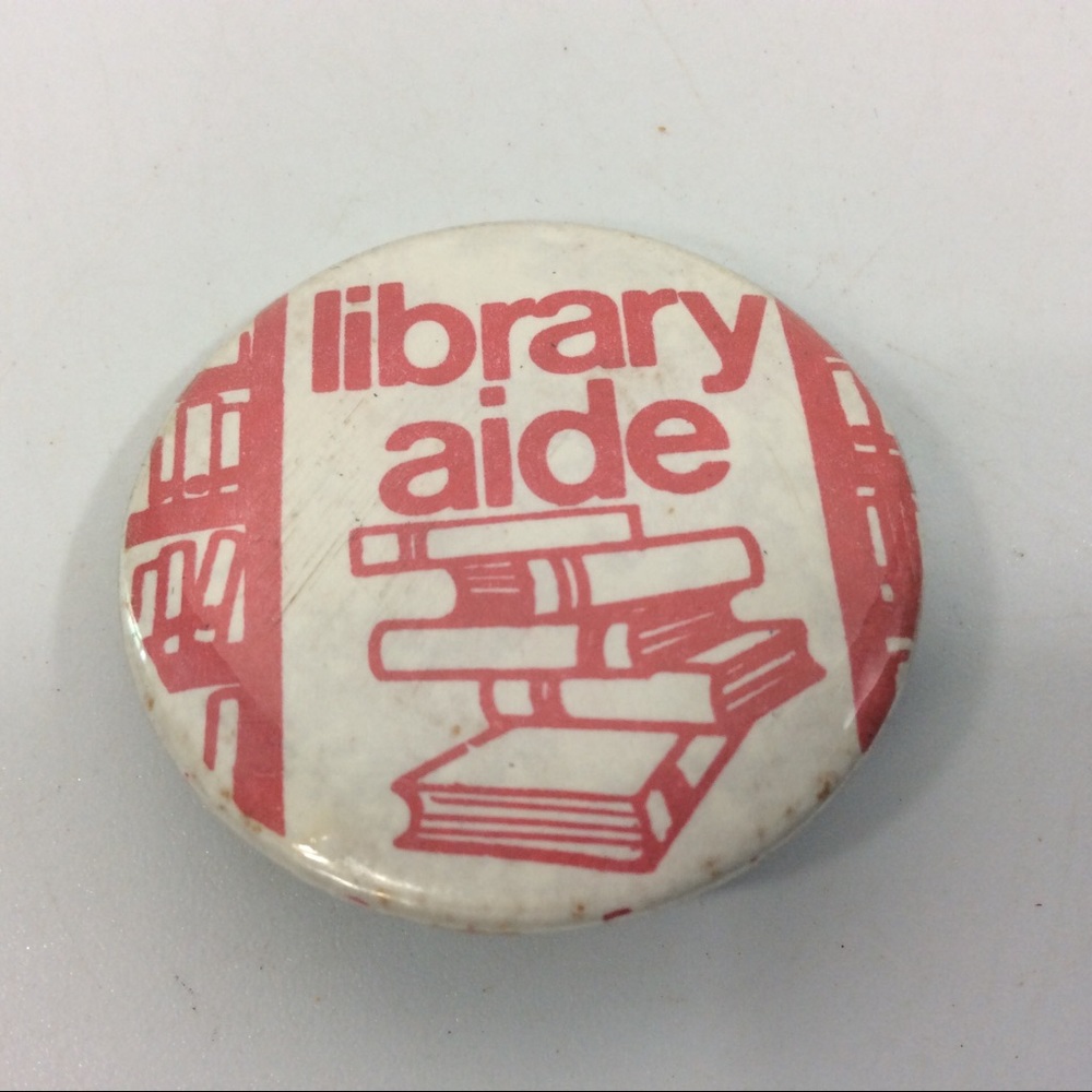 Vintage Button Pin Library Aide Pink White